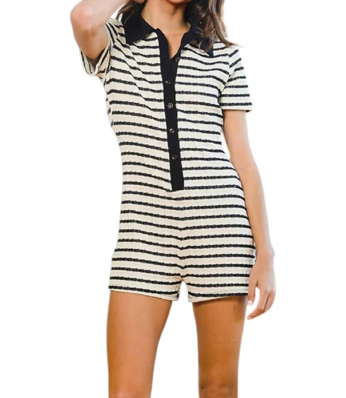 Striped Knit Button Down Romper In Black/white