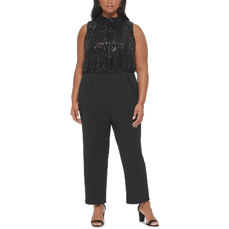 Plus Womens Sequined Mock Neck Jumpsuit