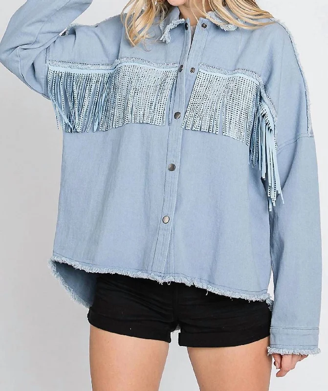 Rhinestone Fringe Detail Shirt Jacket In Blue