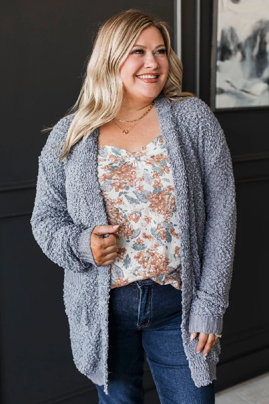 Movie Date Popcorn Knit Cardigan- Dusty Blue