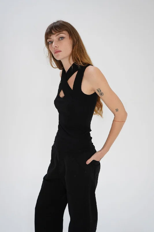 Cross Strap Ribbed Tank - Black