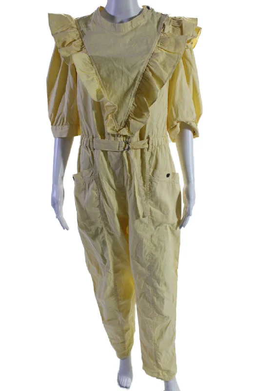 Sea New York Womens Cotton Yellow Ruffle 3/4 Sleeve Straight Leg Overalls