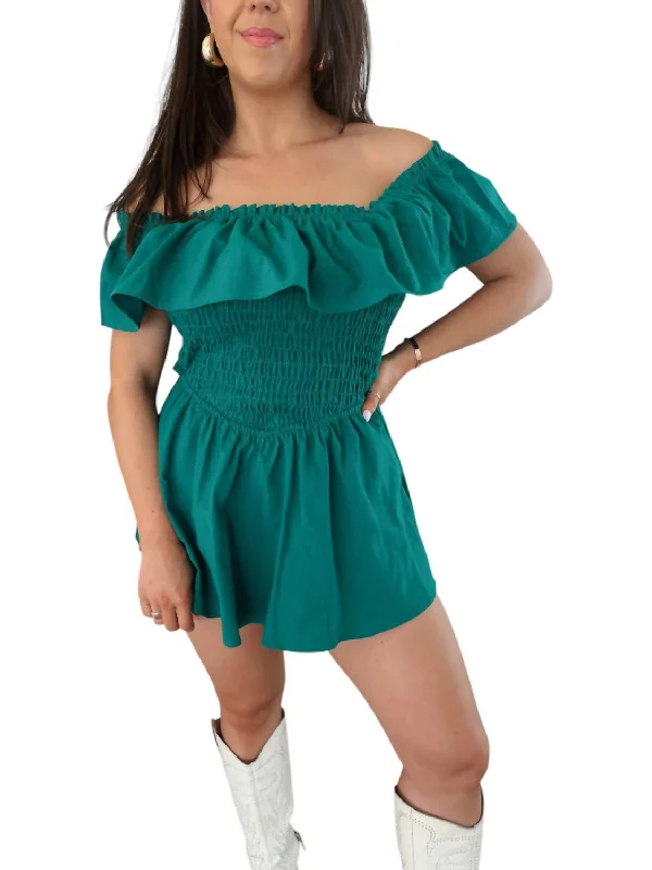 Off Shoulder Ruffle Romper In Kelly Green