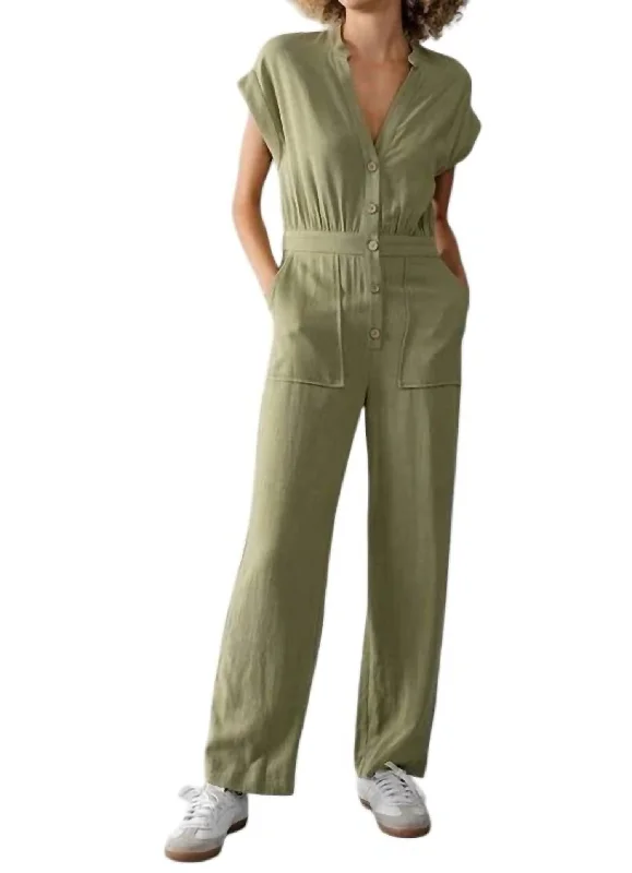 Cap Sleeve Straight Leg Jumpsuit In Light Olive