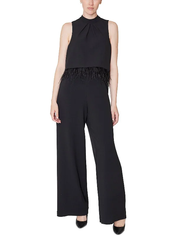 Womens Feather Trim Overlay Jumpsuit