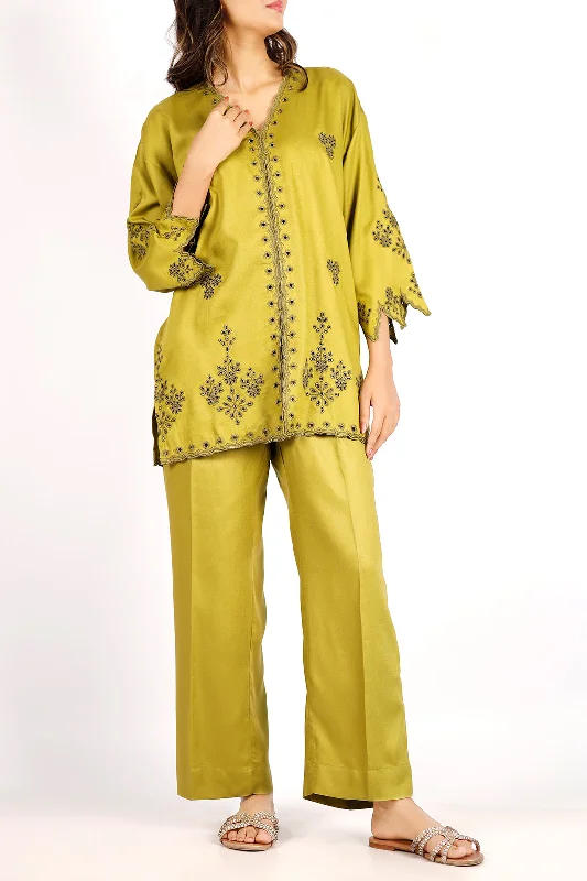 Solid Embroidered Dobby Crepe Stitched 2 Piece (Shirt/Trouser)