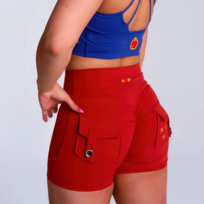 APPLE RED-POCKET SCRUNCH SHORTS -4" INSEAM