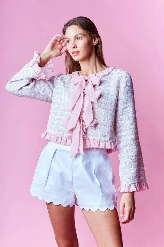 Willa Long Sleeve Ruffle Bow Tie Tweed Jacket Pink