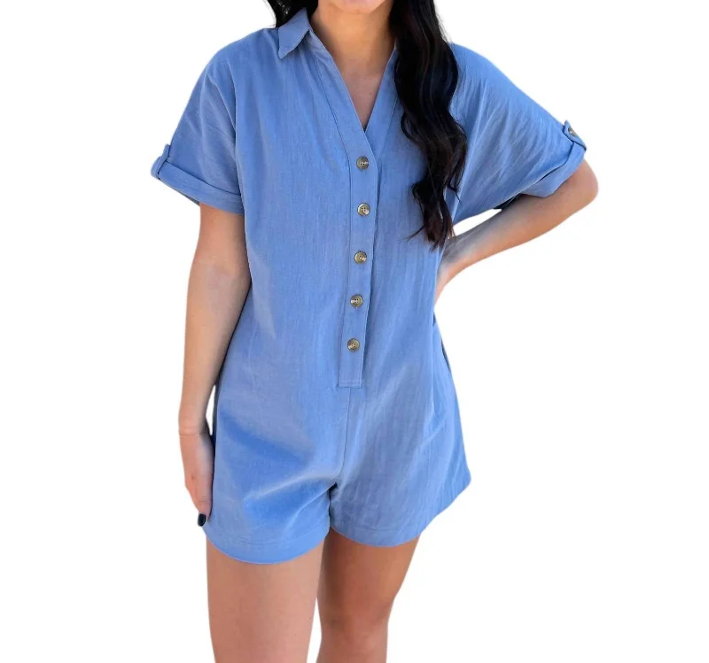 Button Down Shirts Romper In Blue