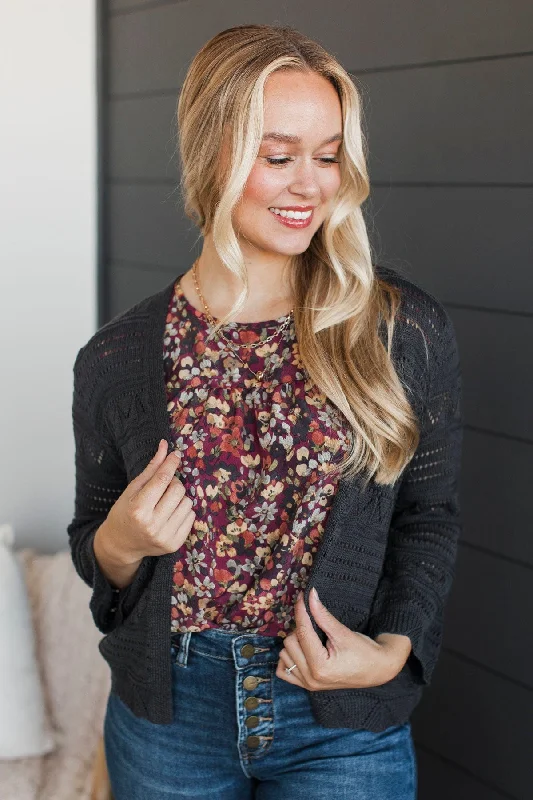 Precious Memories Pointelle Cardigan- Charcoal