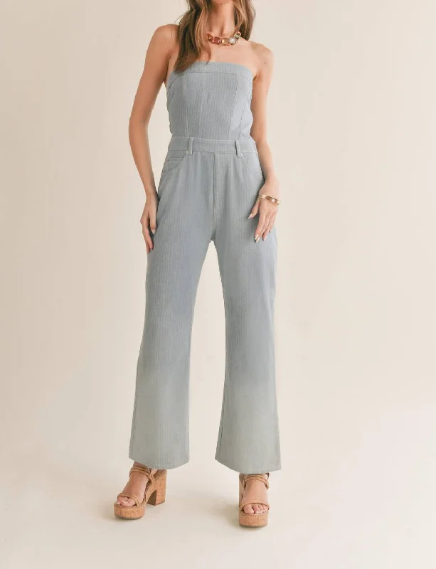 Locals Only Sidezip Denim Jumpsuit In Light Wash Stripe