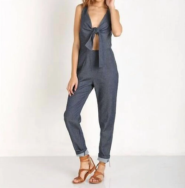 Silk Cotton Cut-Out Sleeveless Jumpsuit In Navy