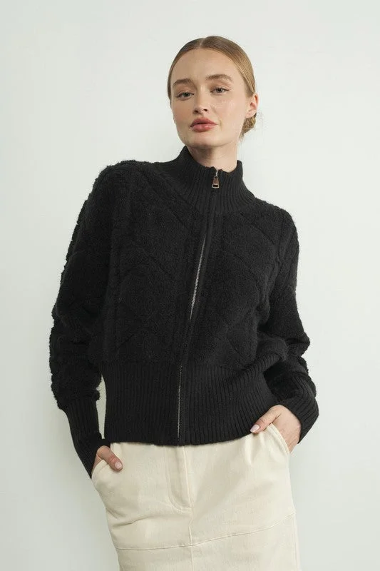 Fuzzy Pattern Zip Up Jacket - Black