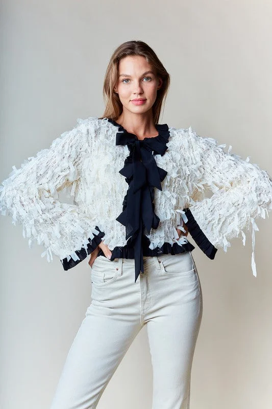 Eliza Long Sleeve Bow Tie Fringed Jacket Ivory