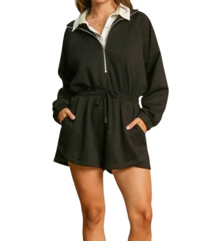 Long Sleeve Knit Romper In Black