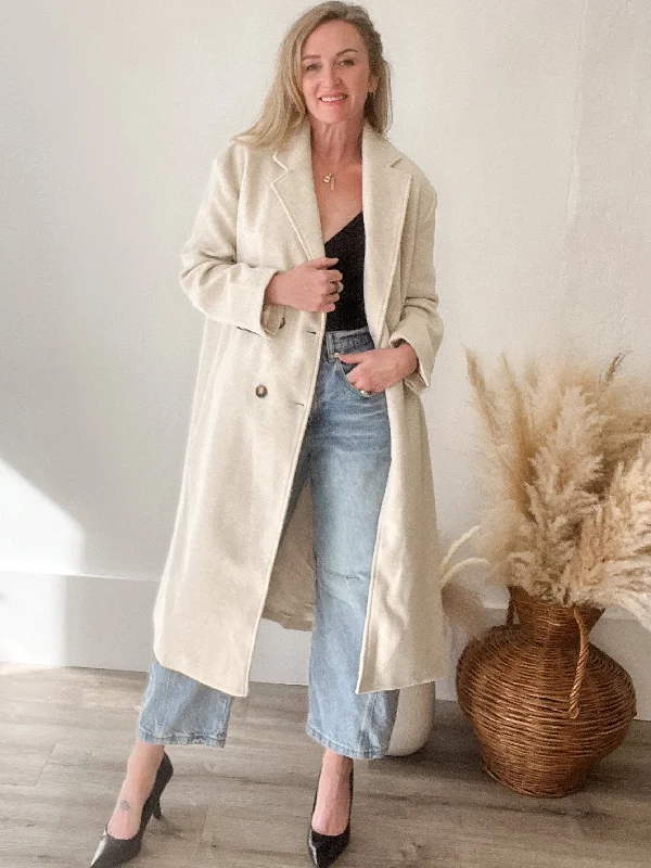 Double Breasted Lapel Duster Coat - Almond