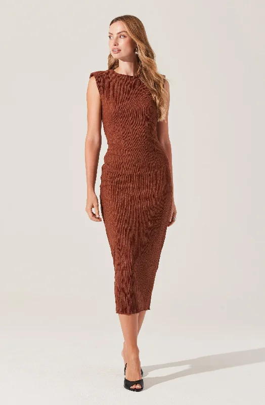 Plisse Straight Neck Midi Dress