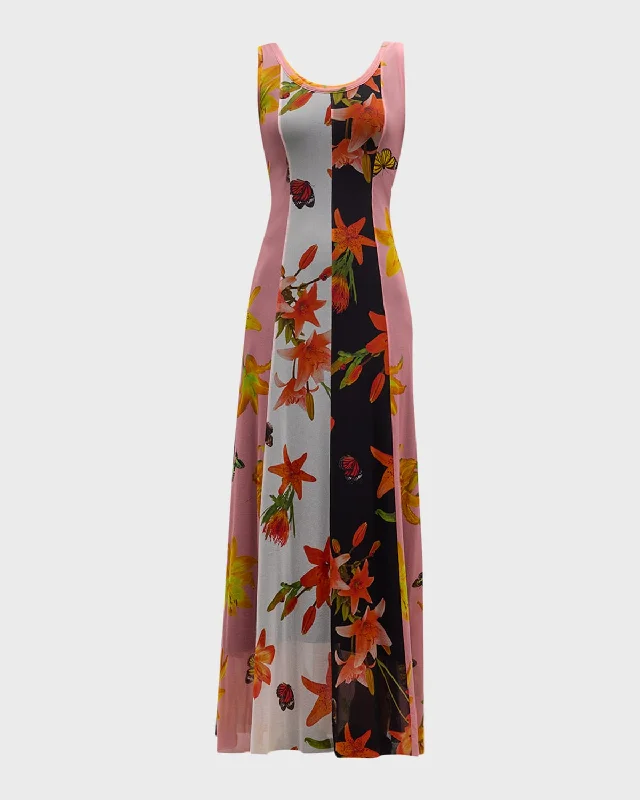 Colorblock Floral-Print Tulle Maxi Dress