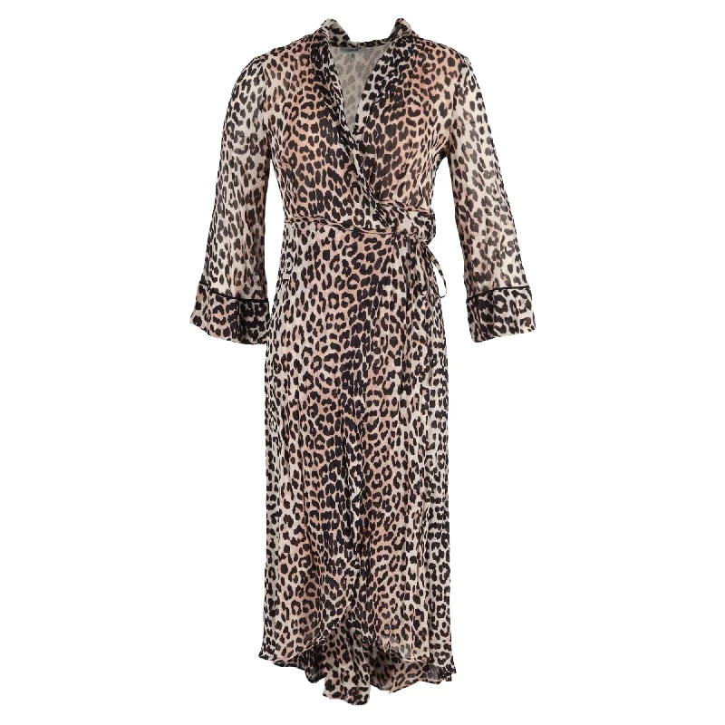 Ganni Leopard-Print Wrap Maxi Dress In Brown Cotton