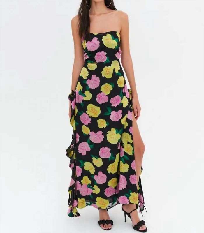 Madison Strapless Maxi Dress In Black Floral