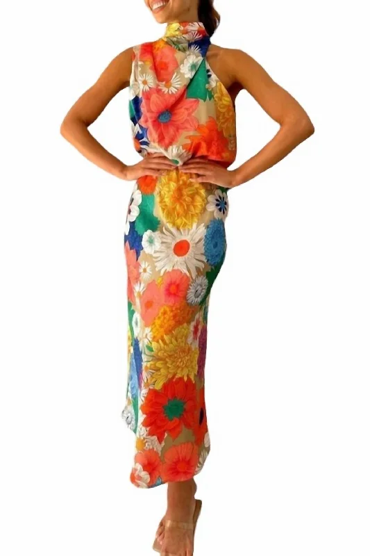 Maisie Floral Print Halter Maxi Dress In Multi Floral