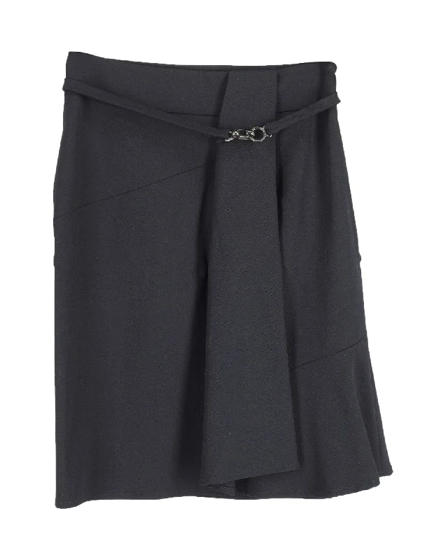 Max Mara A-line Wrap Skirt Style with Side Pleat in Black Wool