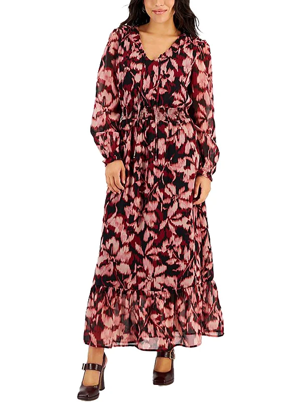 Petites Womens Chiffon Printed Maxi Dress