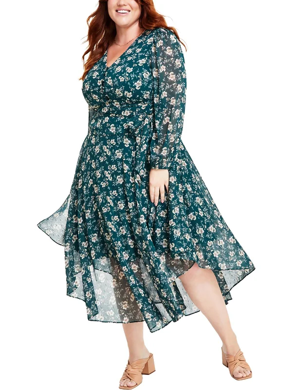 Plus Womens Floral Print Handkerchief Hem Maxi Dress