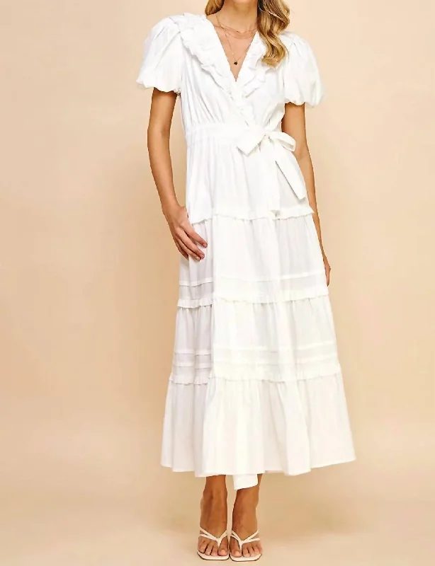 Short Sleeve Ruffle Tiered Maxi Wrap Dress In White