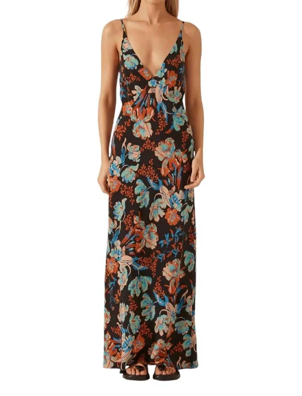 Silk Plunged Slip Maxi Dress In Flotte