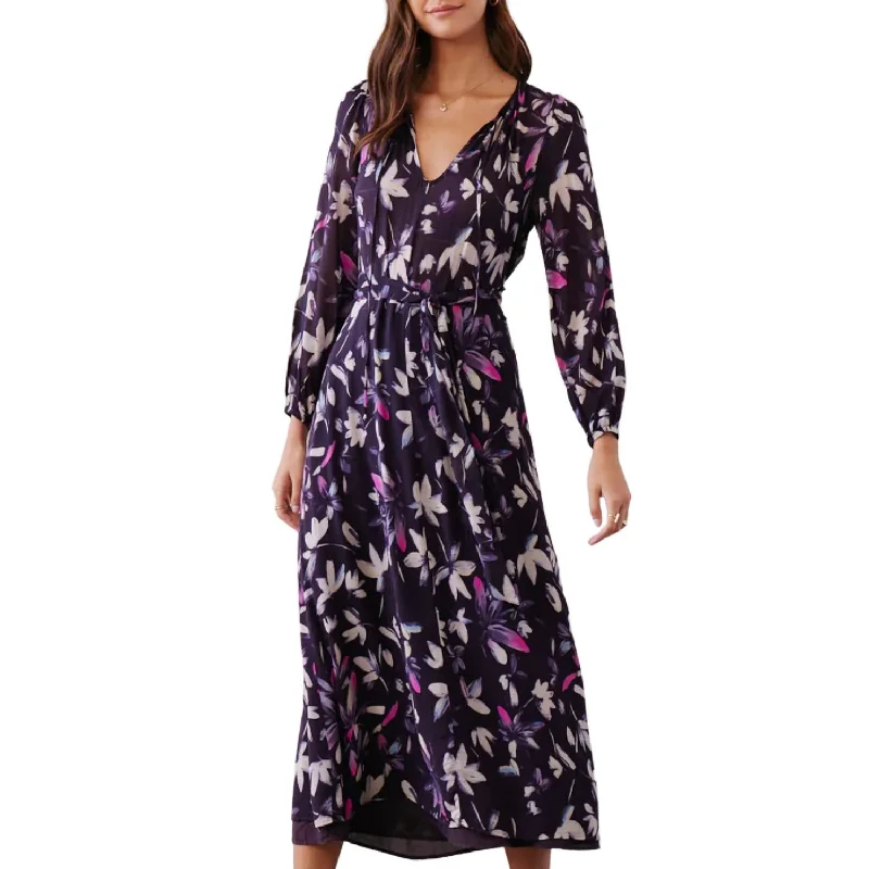 Smocked Back Maxi Dress In Floral Plum Print