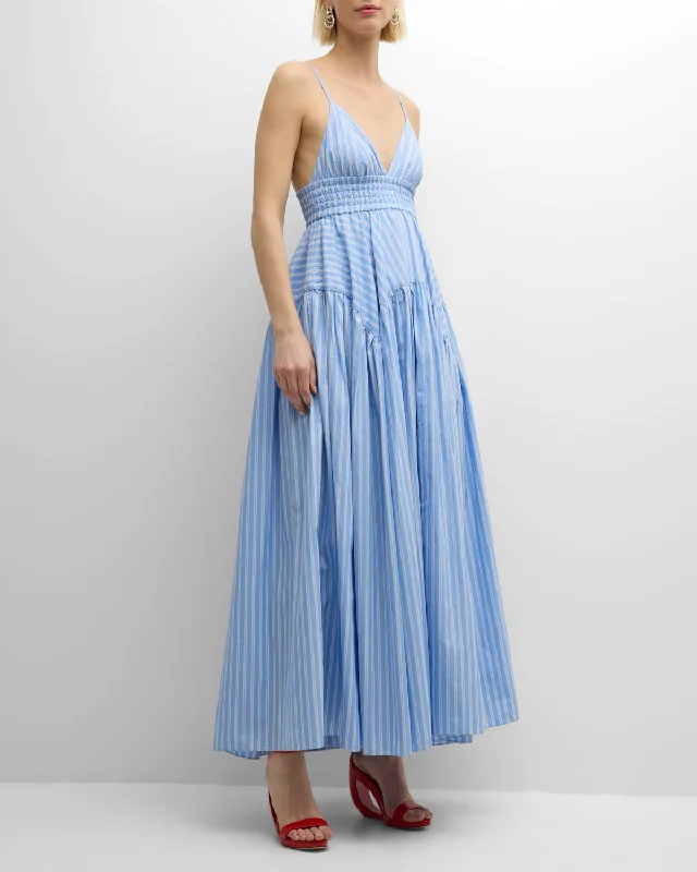 Striped Sleeveless Gathered Peplum Maxi Camisole Dress