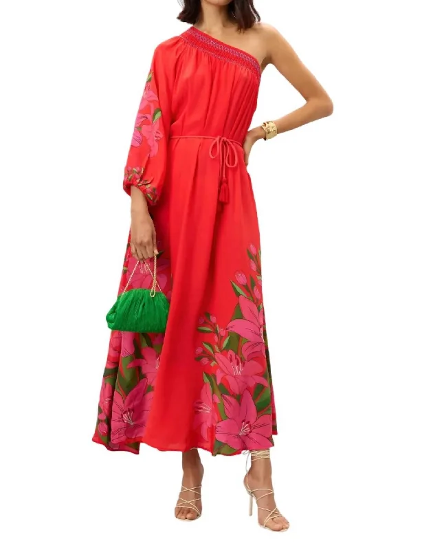 Summer Foliage Scarf Maxi Dress In Red