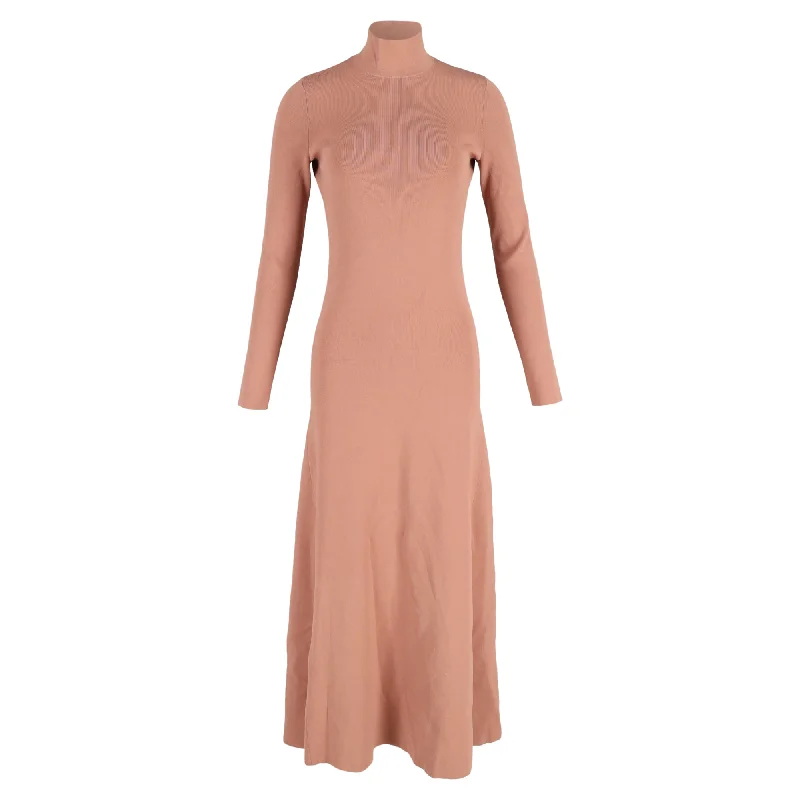 Victoria Beckham Stretch Knit Maxi Dress with Stand-up Collar and Cut-out in Brown Wool