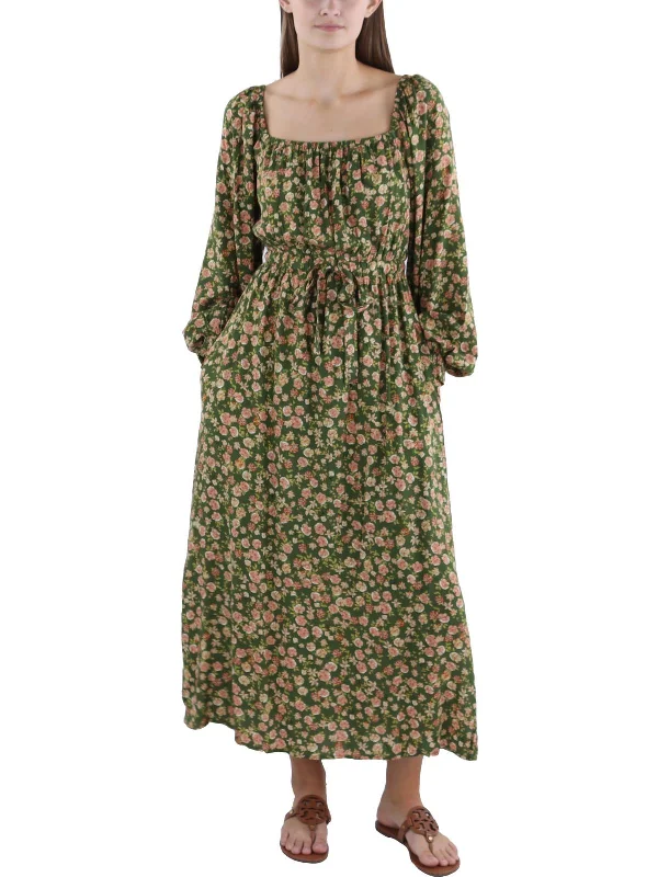 Womens Smocked Tea Length Maxi Dress