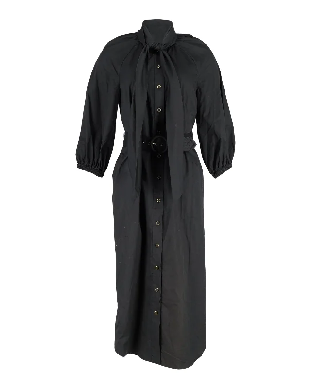 Zimmermann Tie-Neck Belted Maxi Dress in Black Polyester Viscose