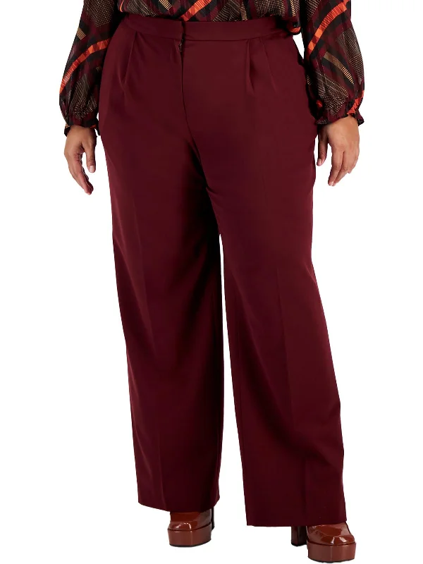 Plus Womens Pleated High Rise Wide Leg Pants