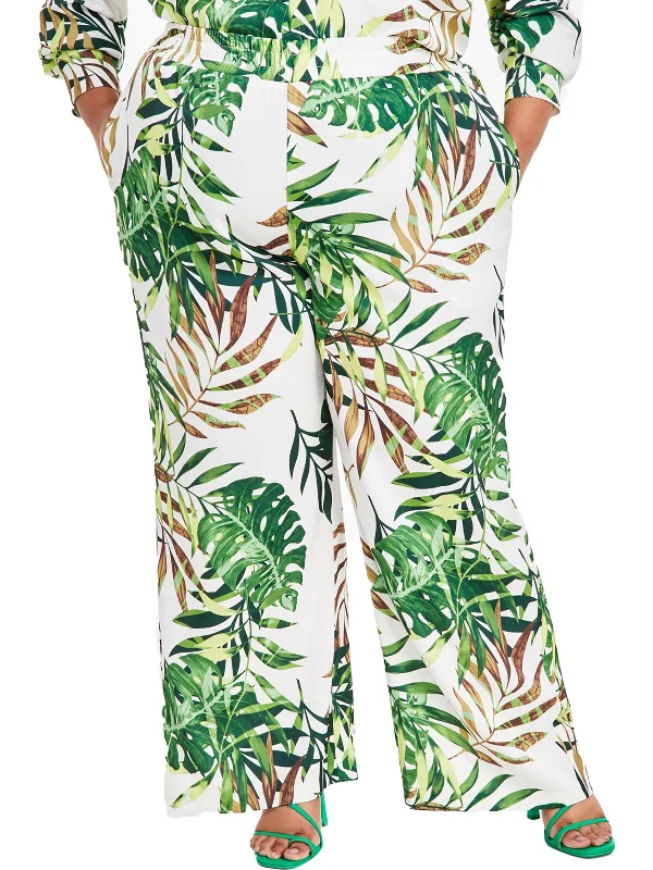 Plus Womens Tropical Print Pull On Wide Leg Pants