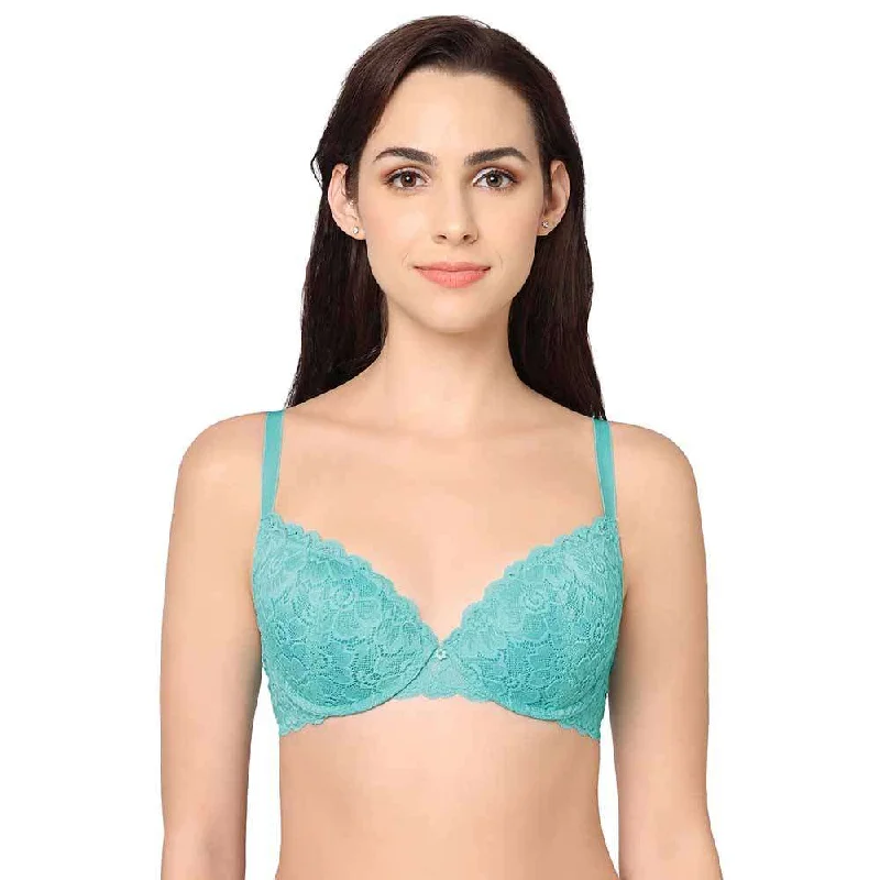 Plush Desire Padded Wired 3/4th Cup Bridal Wear Medium coverage Lace Push Up Bra - Blue