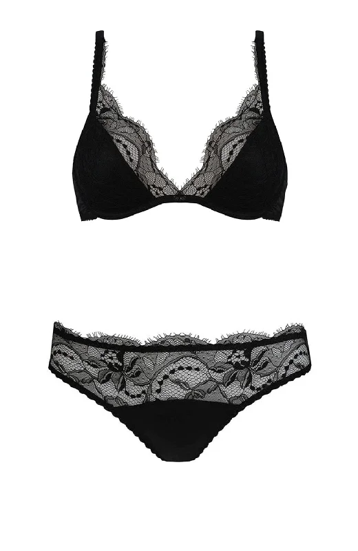 Signature Black Lace Padded Plunge Bra and Brief Set