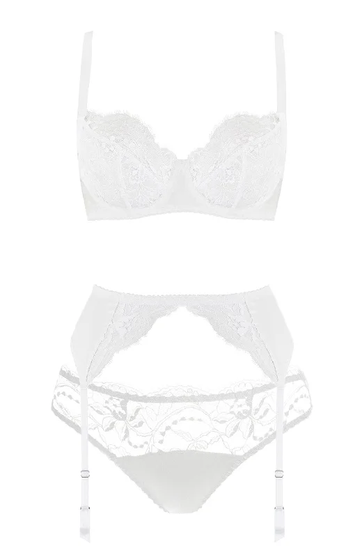 Signature White Lace Balcony Bra, Suspender and Brief Set