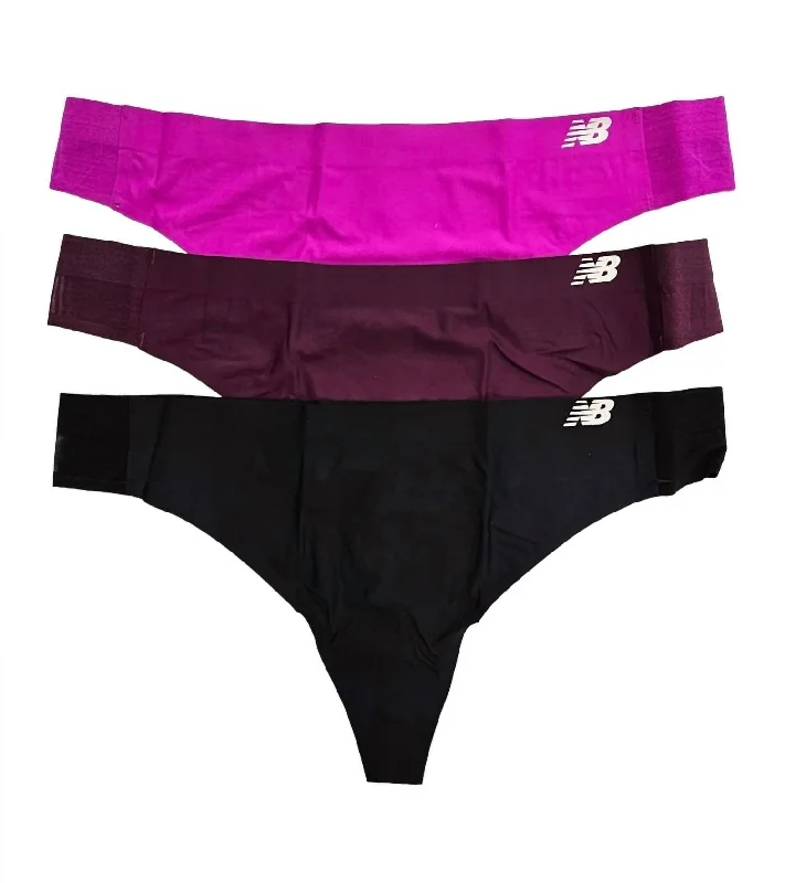 Women's 3-Pack Hybrid Underwear Thong In Black/dark Mulberry/poison Berry