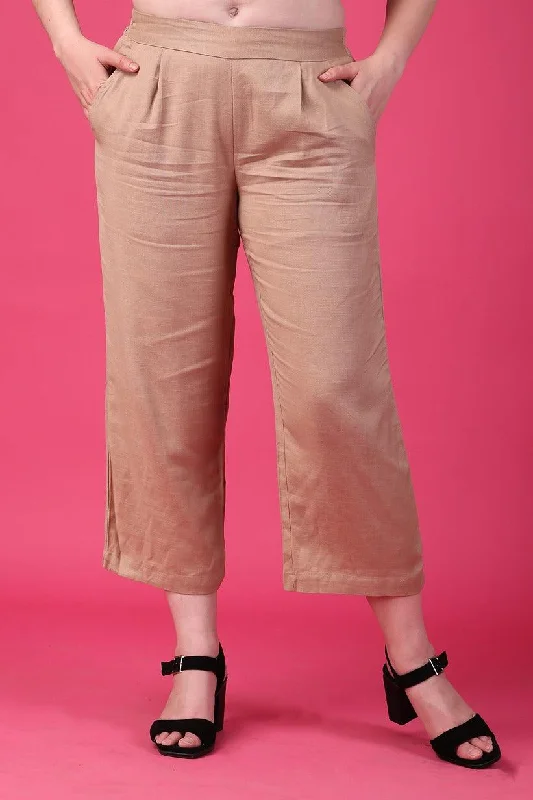 Beige Solid Woven Pants