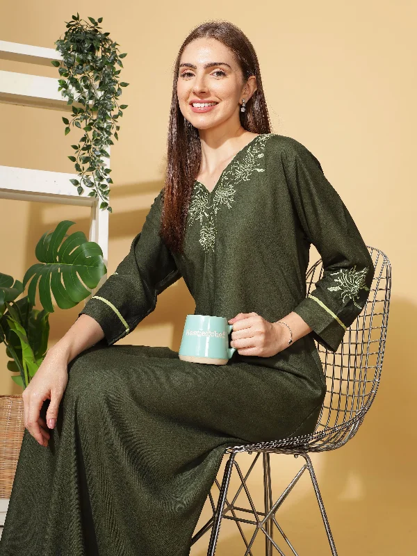 Elegant Emerald Designer Nighty with Embroidery