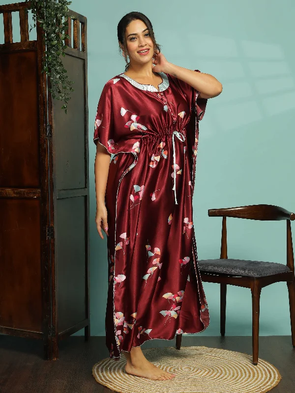 Elegant Maroon Satin Kaftan Nightdress for Comfort & Style