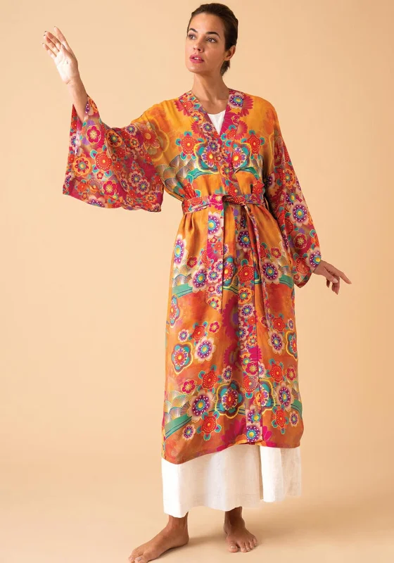 Powder Golden Cranes One Size Kimono Gown, Mustard