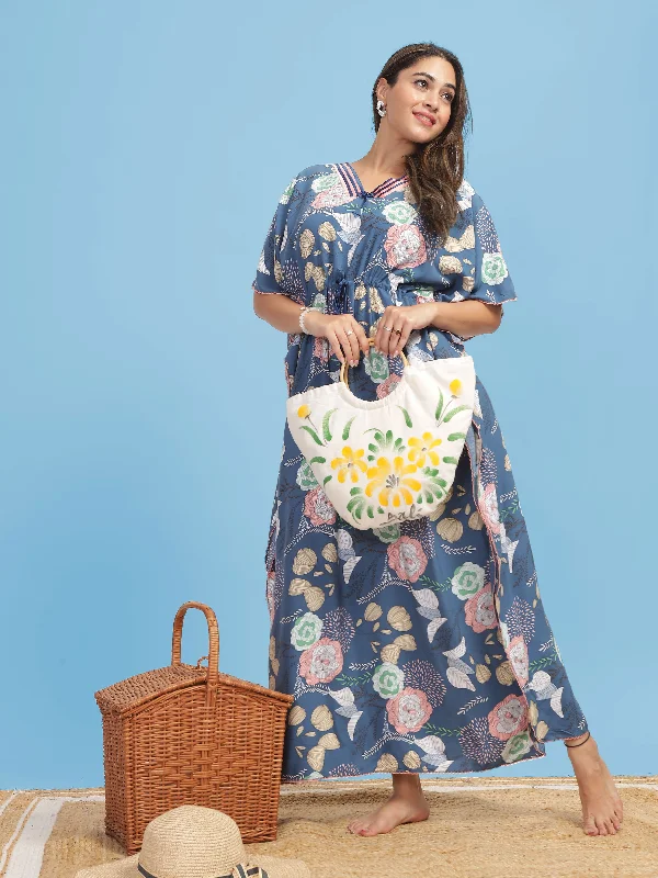 Navy Blue Rayon Kaftan: Stylish Floral Print