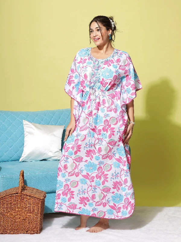 Premium Pure Cotton Kaftan Gown in Floral White