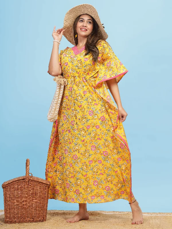 Premium Yellow Designer V Neck Kaftan Dress