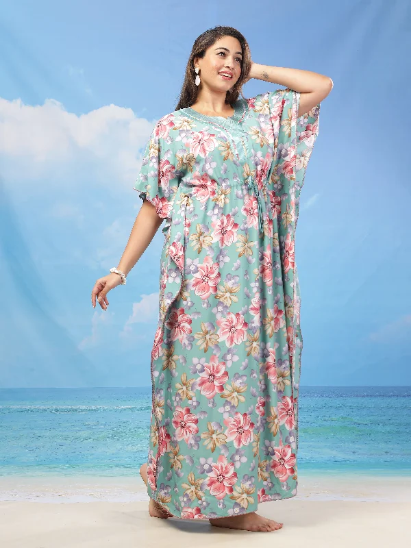 Soft Rayon Kaftan: Green Floral Print